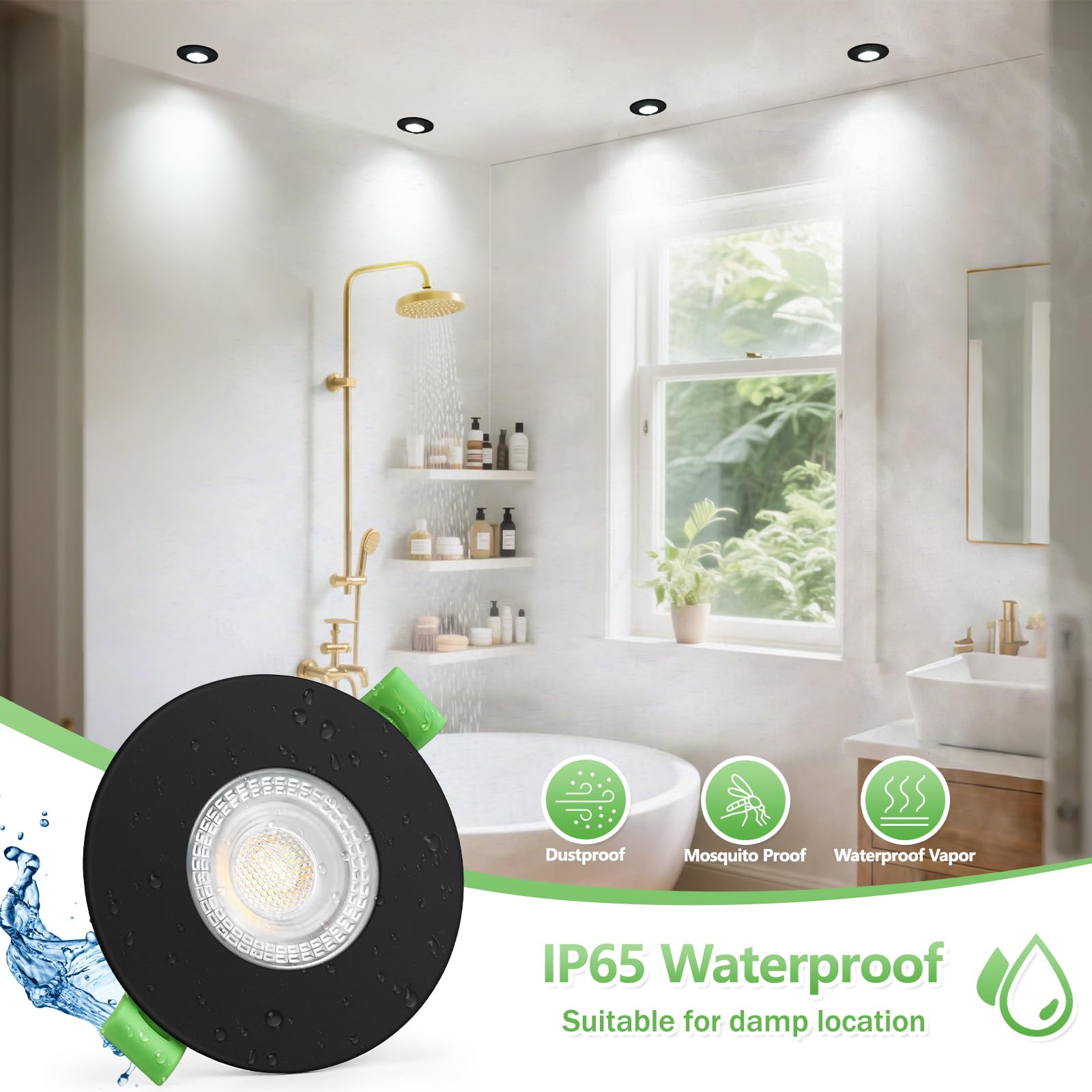 YindaLux Reflektor LED wpuszczany 7 W 700 lm IP65 reflektor łazienkowy, ciepła biel 2700 K, neutralna biel 4000 K, zimna biel 6000 K, regulowana, otwór Φ60-75 mm, AC220-240 V, zestaw 10 sztuk, czarny