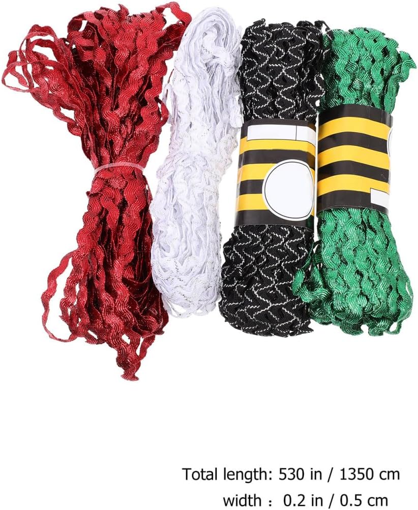 PRETYZOOM 4 Rolls 5mm Wave Rickrack Ribbon Trim Set, Red Green White Black White Sewing Ribbon for DIY Crafts, Flower Making, Wrapping, Decorative Edge Trim for Sewing and Embellishments