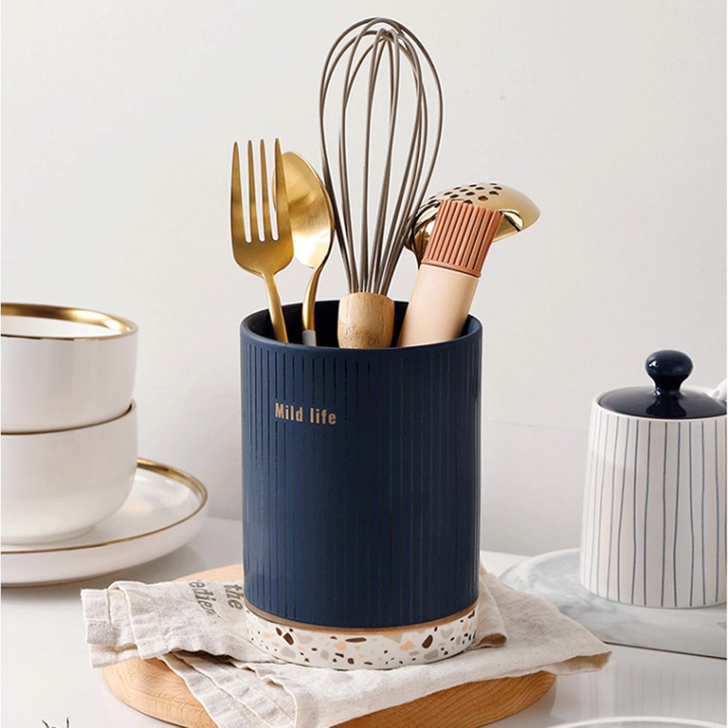 Utensil Holders Creative Stripes Spoon Chopsticks Basket Cutlery Drainer Household Kitchen Utensils Chopsticks Holder Ceramic Utensil Drying Rack, 4 Colors Cutlery Holder for Kitchen (Yellow)