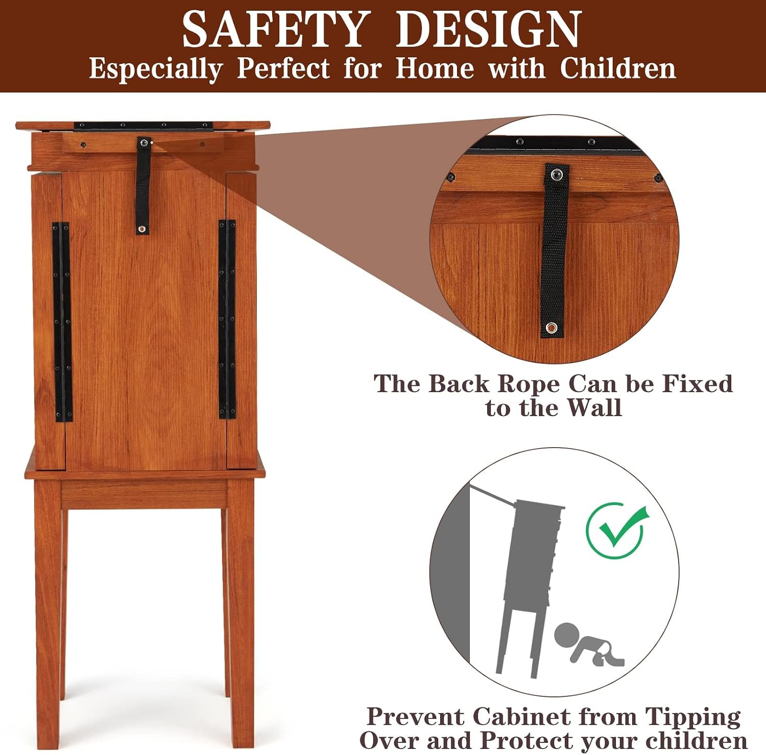 Standing Jewelry Cabinet, Wooden Jewelry Chest with 5 Drawers & 8 Necklace Hooks, Jewelry Armoire with Top Flip Mirror, Jewelry Box with 2 Side Doors, Cherry