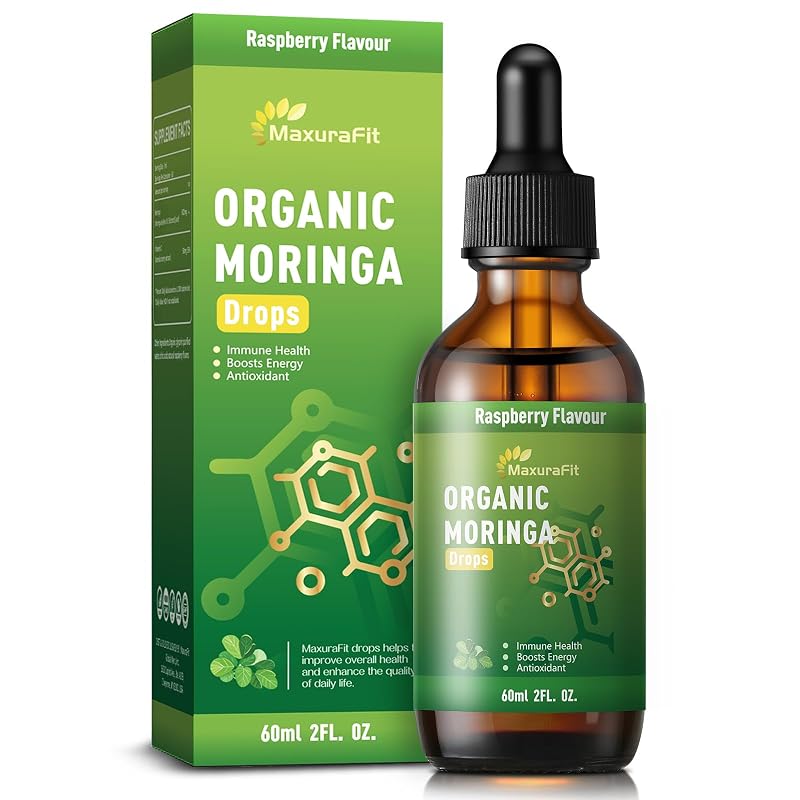 MaxuraFit Suplemento líquido de vitamina C com extrato de folha de moringa, sabor framboesa, 2 frascos de 120 mL