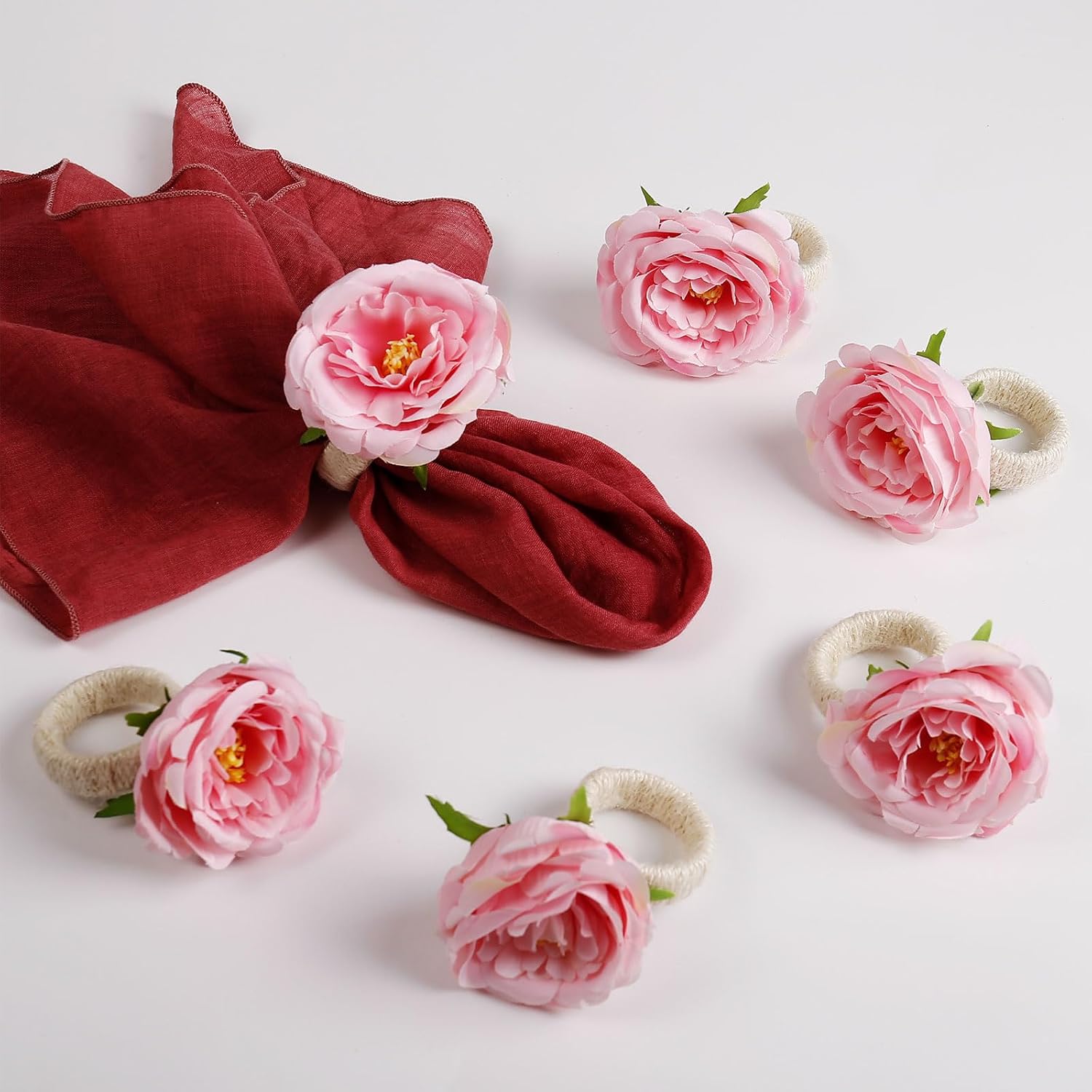 LogHog Handicraft Rose Flower Napkin Rings Set of 6,Hemp Rope Napkin Holder Rings Table Decorations for Wedding, Valentine's, Banquet, Christmas, Birthday, Thanksgiving