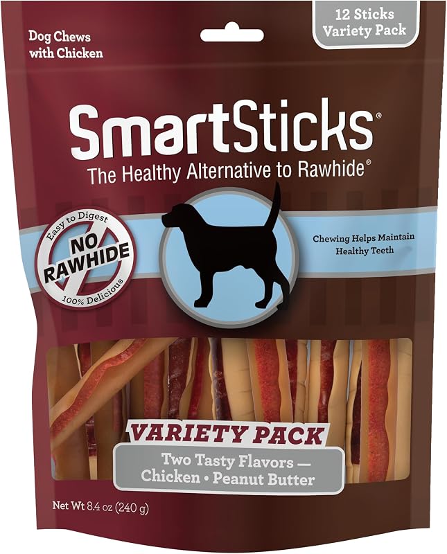 SmartBones SmartSticks Petisco Mastigável sem Couro Cru com Frango e Pasta de Amendoim, Pacote com 12