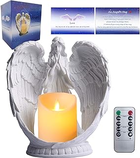 Carefree Fish Starry Sky White Angel Wing Praying Sandstone Statue Angel Figurine Prayer Home Decor Memorial LED Candle Holder 9Inch (Remote Control, with Timing Function.)