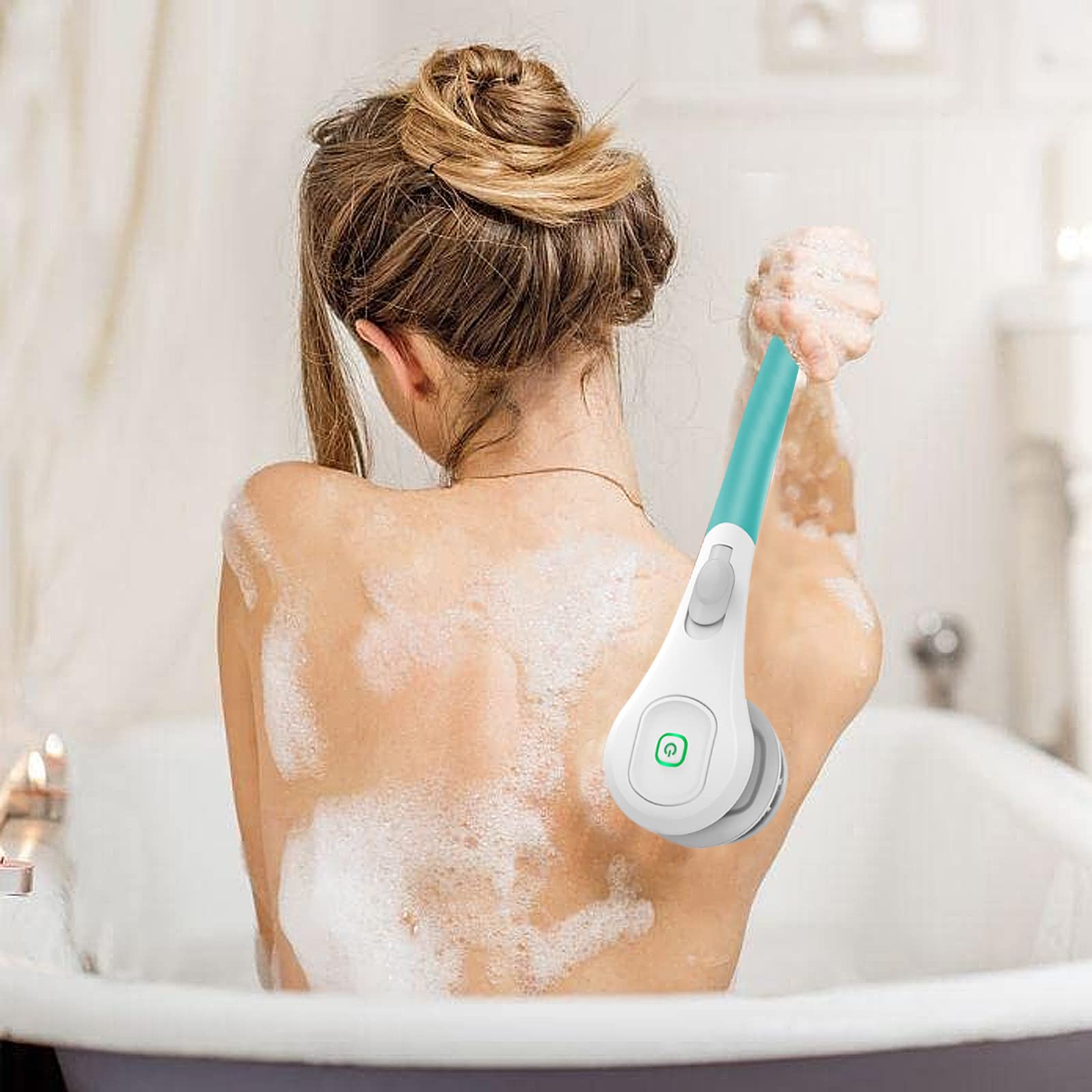 Elektrische Duschbürste,Körperbürste Rückenbürste mit Langer Griff,Rückenbürste Dusche Massagebürste mit 6 Reinigungsköpfen,Elektrisch Duschbürste Badebürste für Spa Dusche Peeling Massagebürste(Blau)