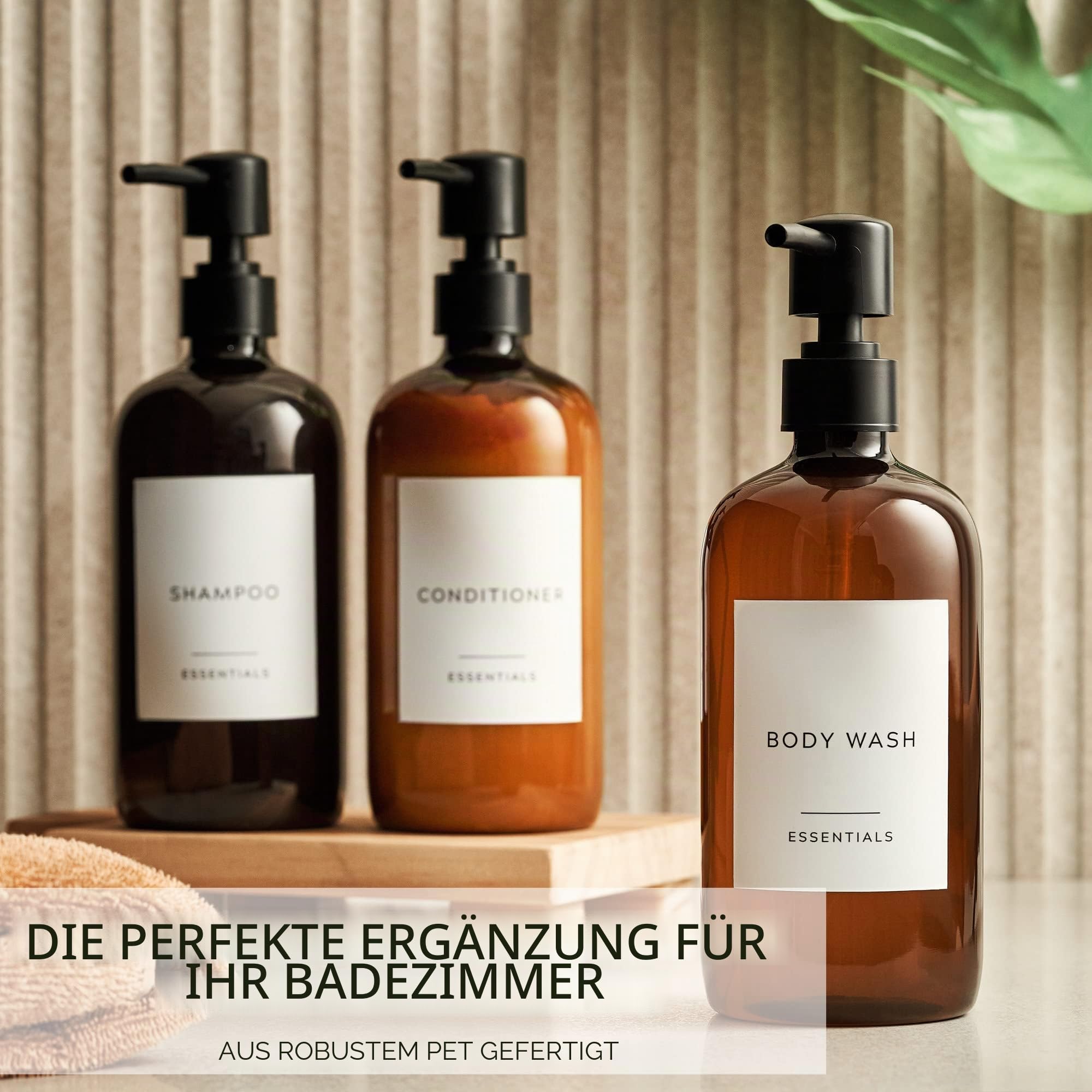 Stylischer Shampoo- und Spülungsspender, Set mit 3 Stück, Moderne 600 ml Duschseife, PET-Flaschen mit Pumpe und Etiketten, einfach zu befüllende Duschwaschspender für EIN sofortiges