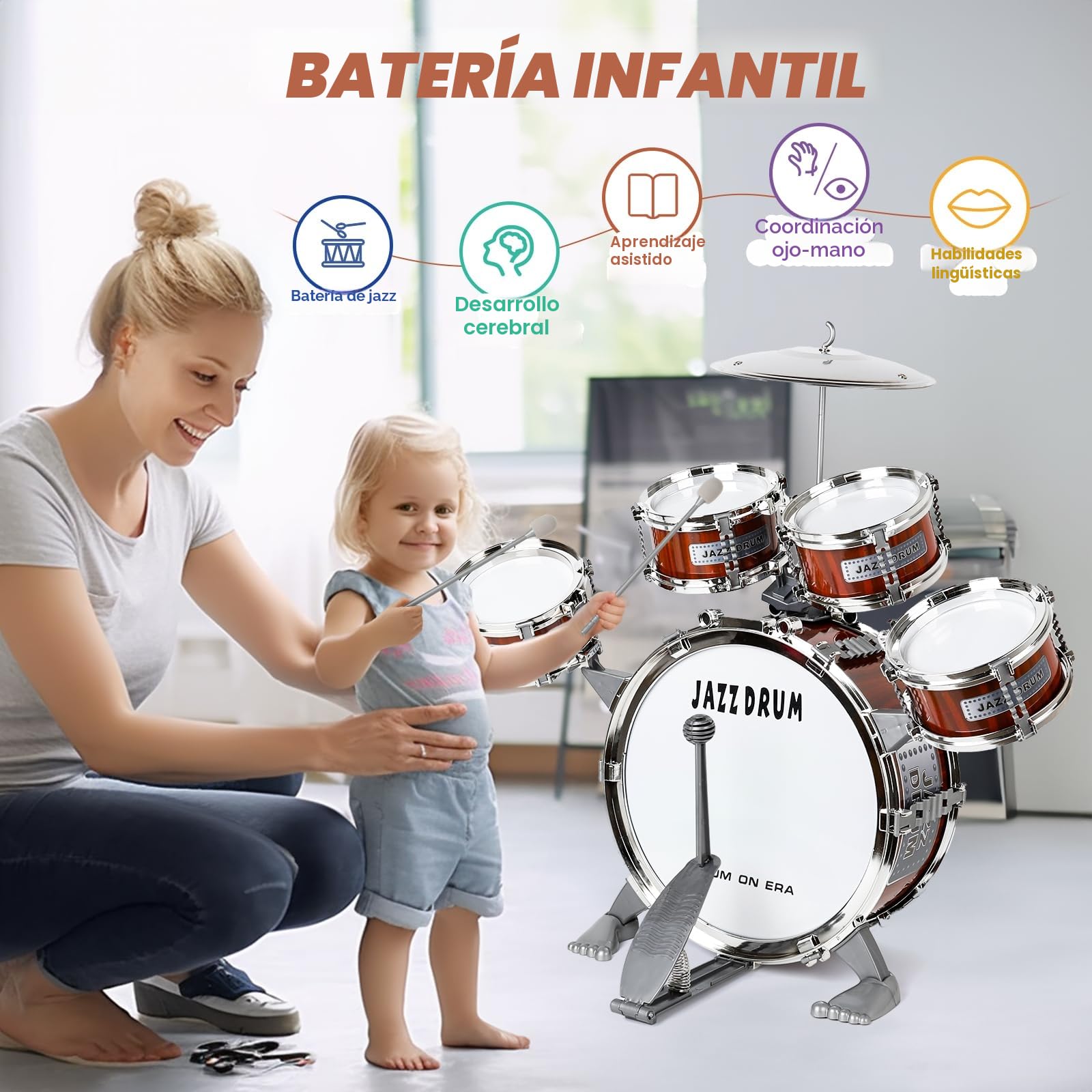 Kit de batería para niños, batería Infantil, Instrumento de 5 Tambores con Taburete, batería Infantil, Instrumento Musical, educación temprana,, Juguetes para 3 4 5 años