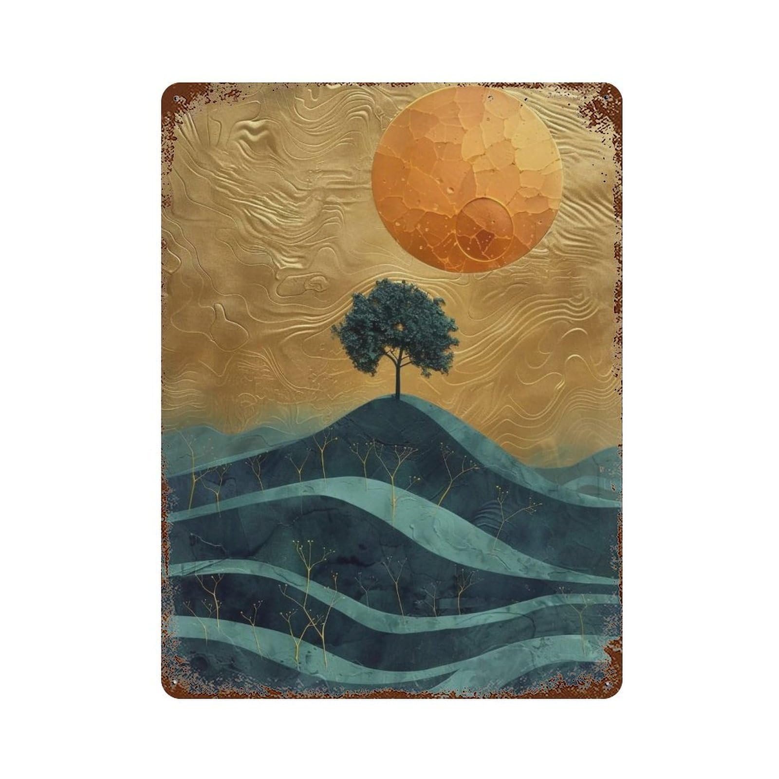 Wihyrtui Style Teal Layered Papercut Gilded Moon Mountain Forest 03 Wall Retro Iron Metal Tin Sign Vintage Art Poster Modern Home Cofffee Club Art Bar Shop Decor 40X30cm