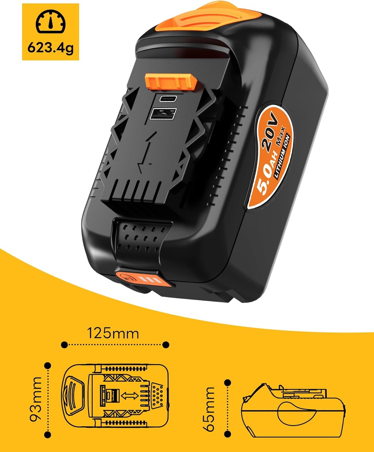 Replacement for Dewalt 20V MAX 5.0 Ah Lithium Ion Battery Compatible with Dewalt 20V Battery Tools and Chargers, Battery with USB and USB-C Charging Port 2-Pack - Image 9