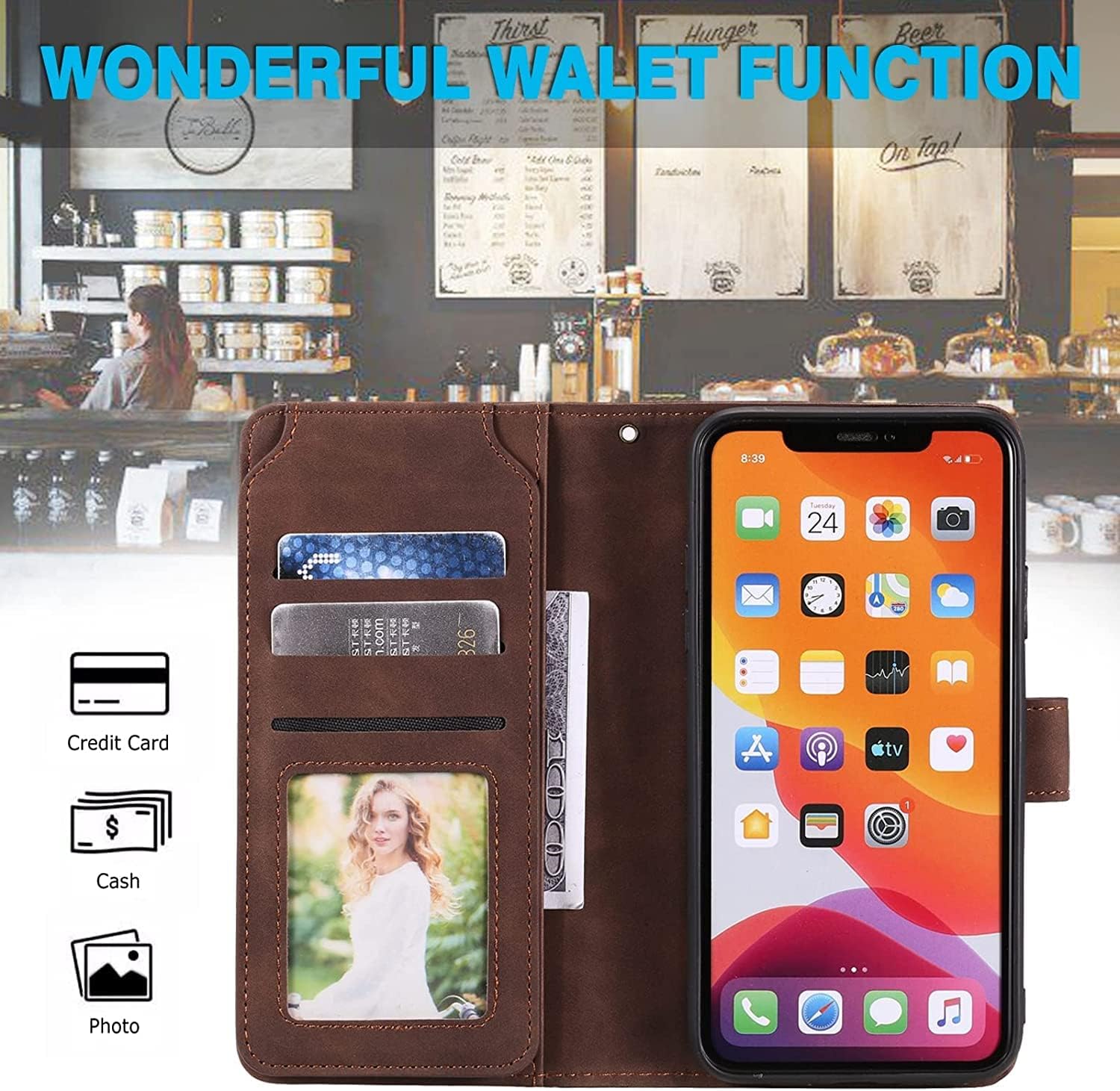 Case for iPhone 11/11Pro/11Pro Max, High-Grade Leather Flip Wallet Phone Case Cover with Magnetic Cover and Stand Feature Shockproof Leather (Color : Brown, Size : 11)