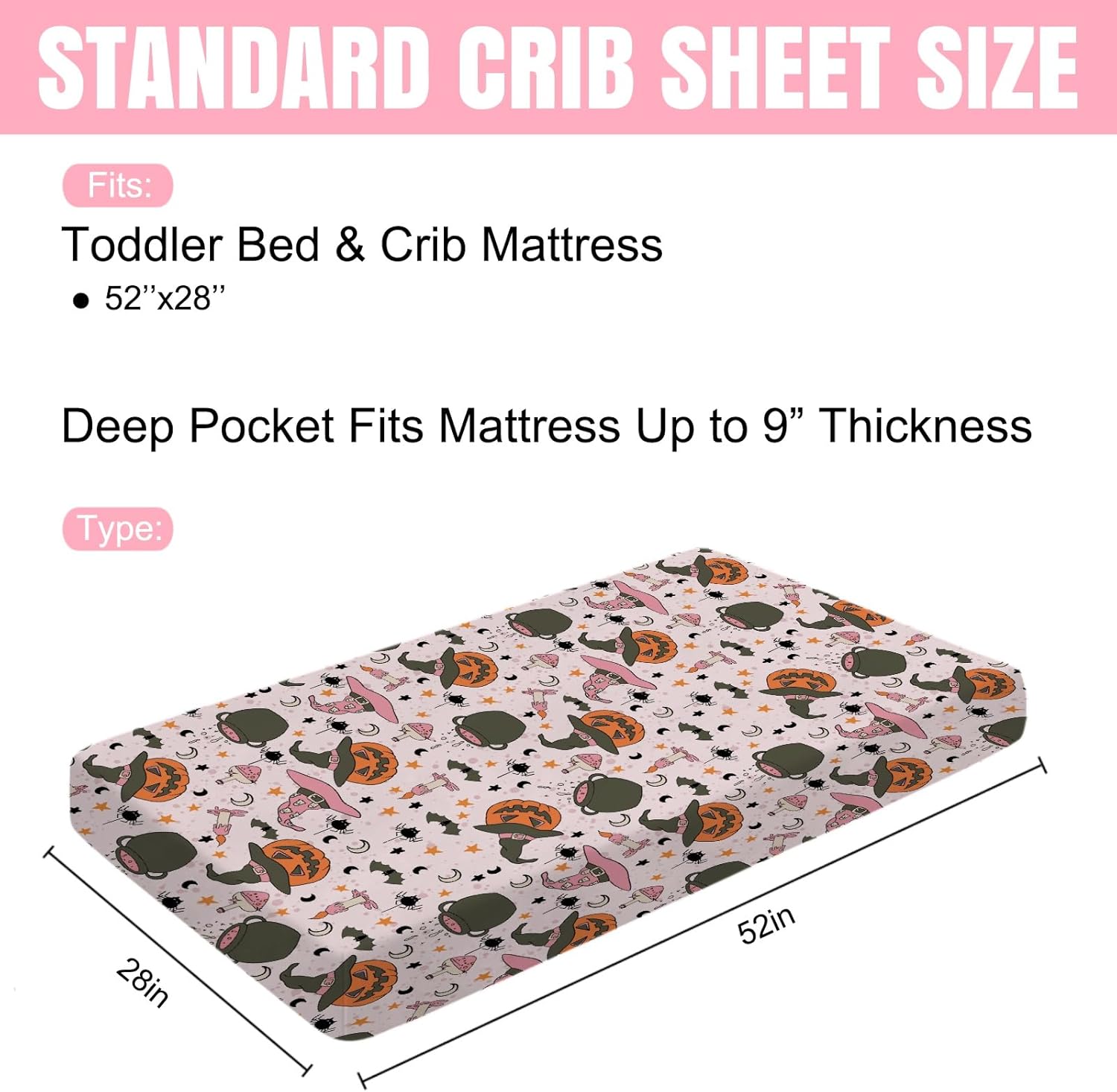 Pink Spooky Pumpkin Witch Baby Crib Sheets 52''x28'' Halloween Witch Hats Bats Moon Stars Stretchy Fitted Crib Mattress Cover for Girl Soft Baby Bed Sheet for Standard Crib and Toddler Mattress