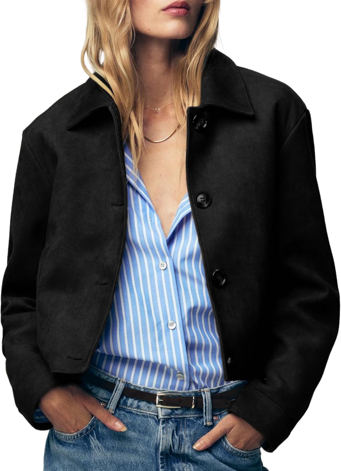 Women's Faux Suede Cropped Jackets Button Down Coat Cropped Casual Jacket Fall Fashion Outerwear Trendy Clothes