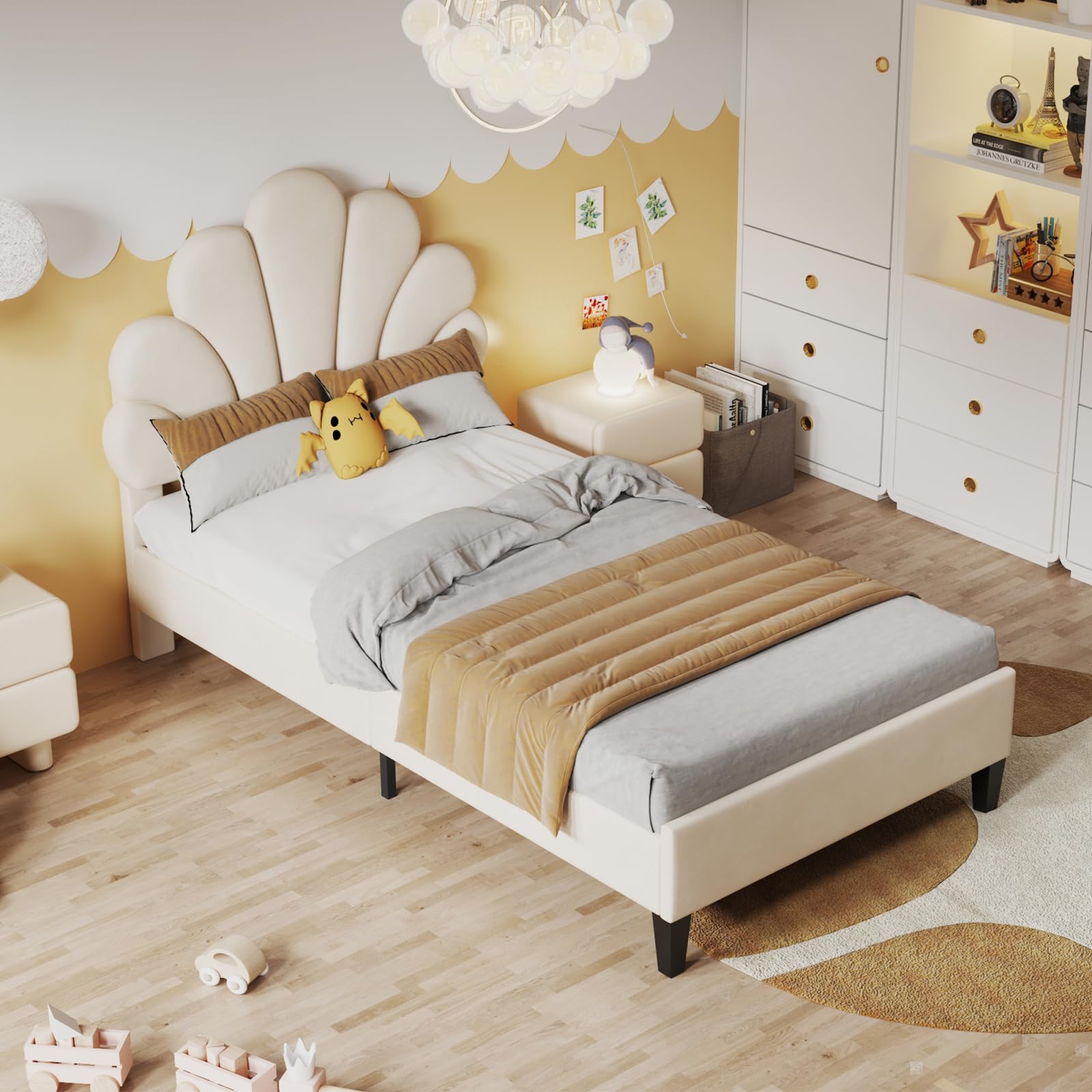 3ft Single Upholstered Bed, Platform Bed 90x190cm for Kids Teenagers