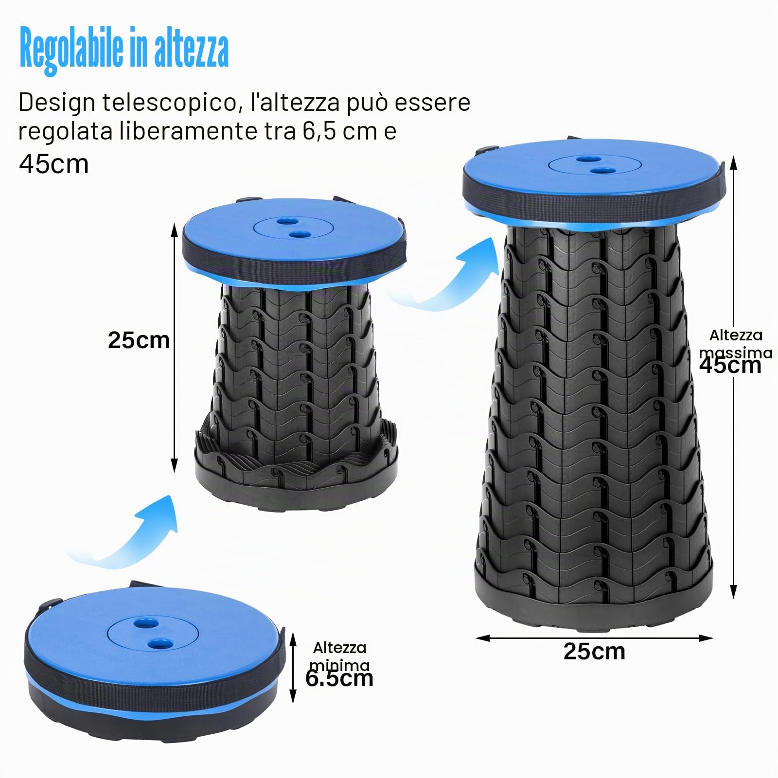 Sgabello Pieghevole Portatile, Sedia Portatile Regolabile in Altezza 6,5~45 cm, Sedie da Campeggio Telescopico per Esterni, Pesca, Barbecue, Carico Massimo 180kg /397lb