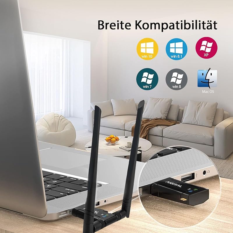 Aigital WiFi Adapter 1200 Mbit/s DualBand USB 3.0 - Vezeték nélküli hálózati vevő 2 antennával, dokkoló állomással laptophoz, PC-hez, Window