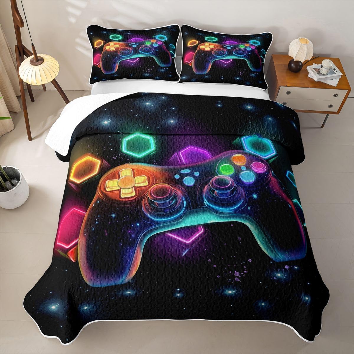 Game Consoles Boys Quilt Set Twin Gamer Gifts,Gaming Quilted Bedding Space Glow Geometric Bedspread Coverlet Red Green Blue,Gamer Quilt Comforter Lightweight Quilted Blanket for Hot Sleepers