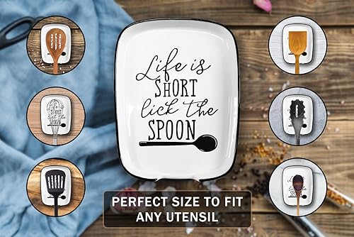 Miniatura 2 de Soporte de cuchara de cerámica para estufa, Funny Life is Short Lick the Spoon White Spoon Holder para encimera de cocina, decoración moderna de