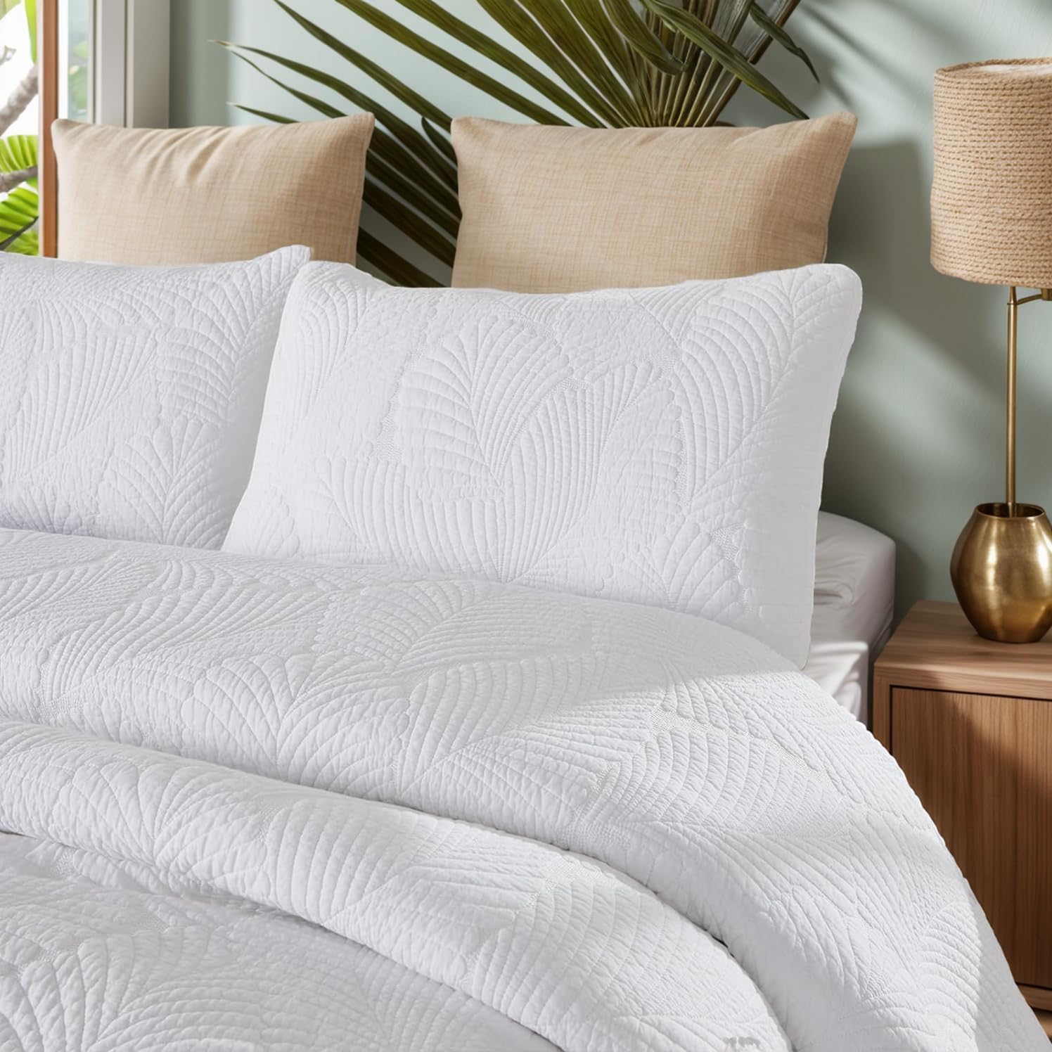 Brandream White Quilt Set King Size Cotton Tropical Palm Leaf Matelasse Coverlet Set 3-Piece