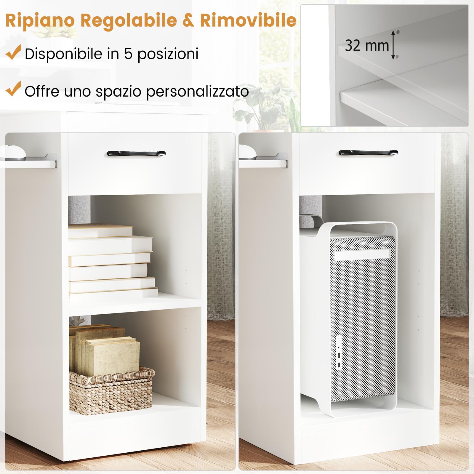 GYMAX Scrivania per Computer con Stazione di Ricarica, USB/Type-c, Tavolo da Studio PC, Ripiani e Cassetto, Foro per Gestione Cavi, Moderno per Camera da Letto, Soggiorno, 105 x 55 x 89 cm, Bianco