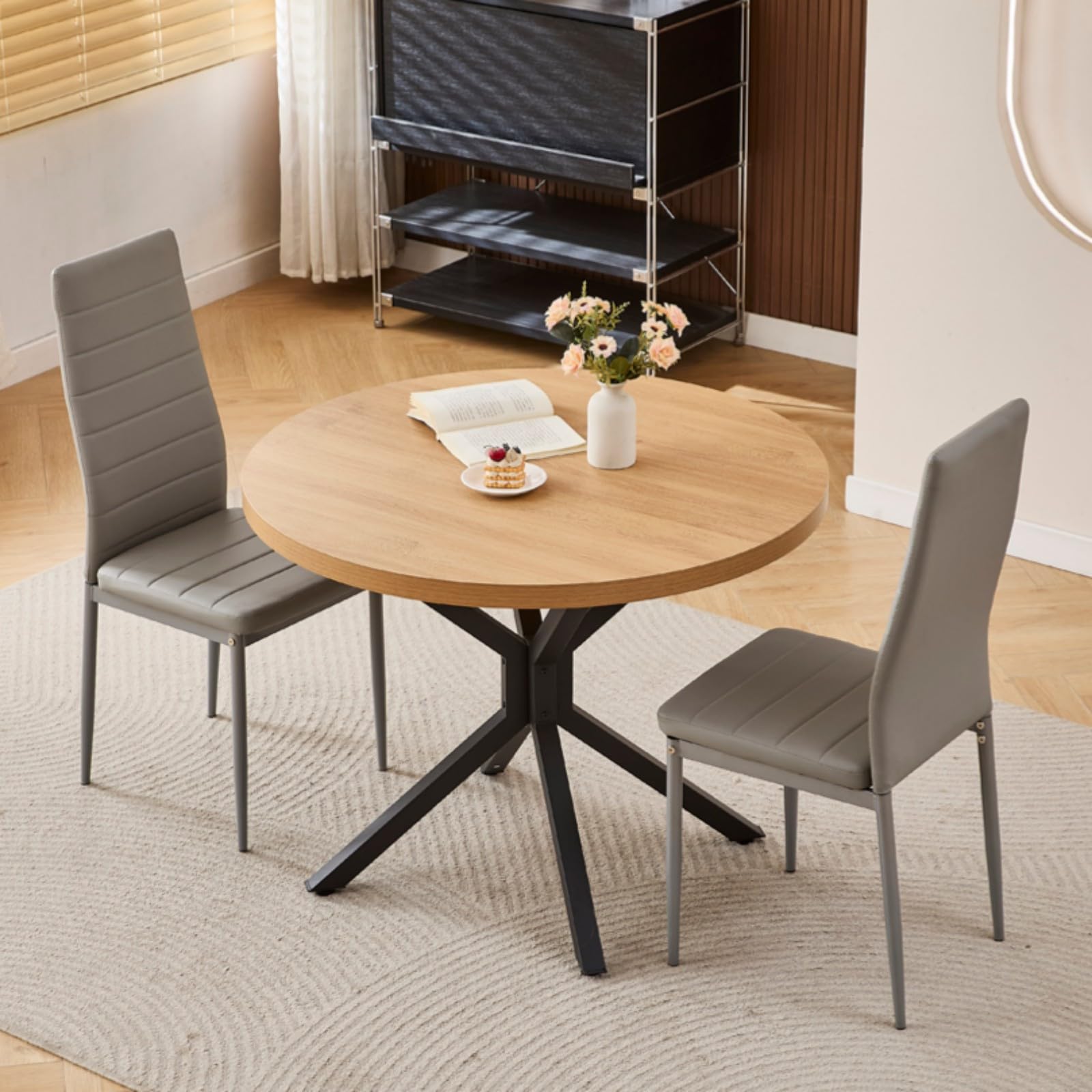 Homullel Round Dining Table and Chairs Set 2 Seater Kitchen Dining Set, 3 Pieces Table & Chairs Dinner Table Set for 2 (95cm Wooden Table with 2 Chairs, Fuax Leather Grey)