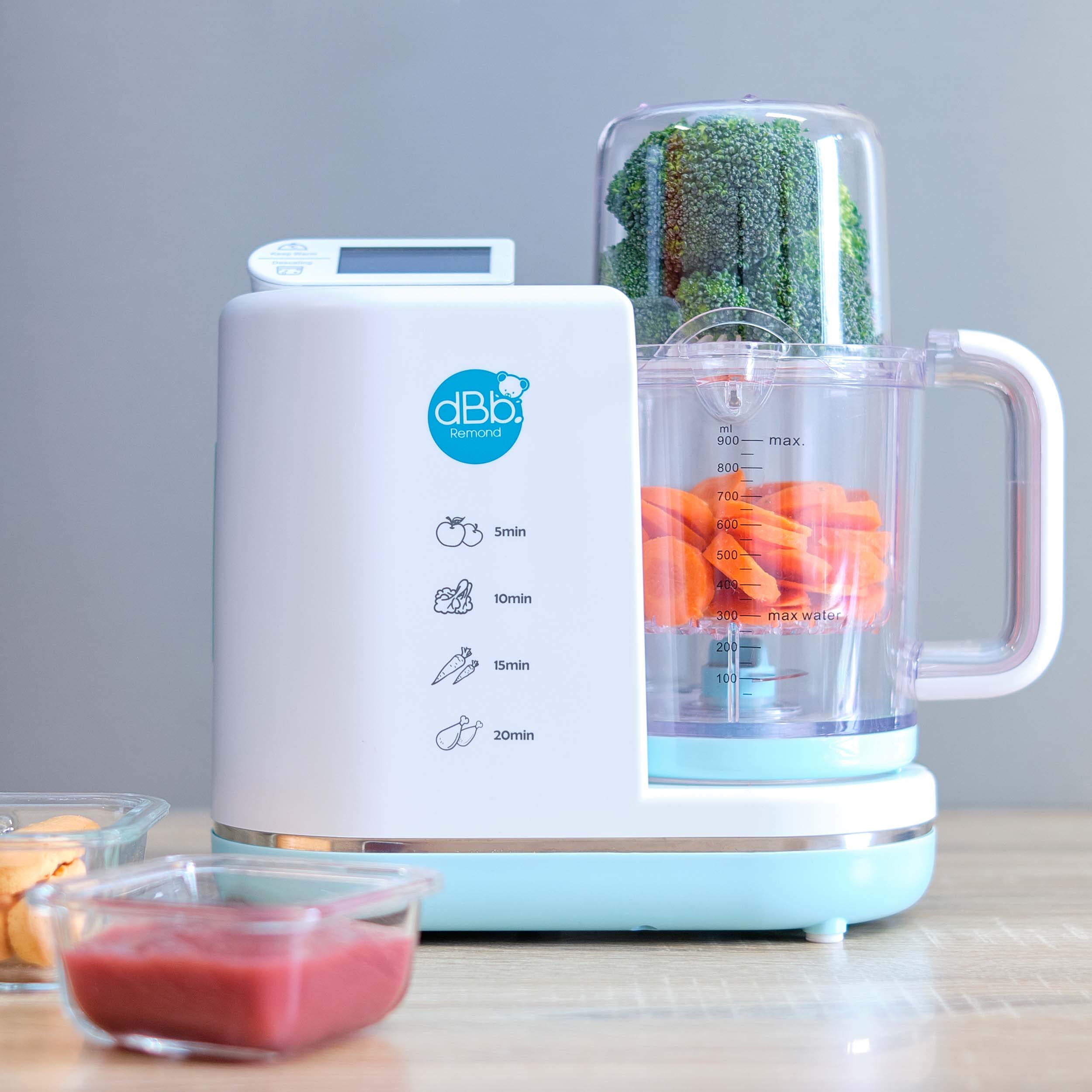 dBb Remond 6-in-1-Baby-Kochmaschine – Dampfgaren, Mixen, Zerkleinern, Sterilisieren, Erhitzen und Auftauen – Selbstreinigend – Gesunde und einfache Mahlzeiten – Kapazität 1000 ml – Weiß & Eisblau