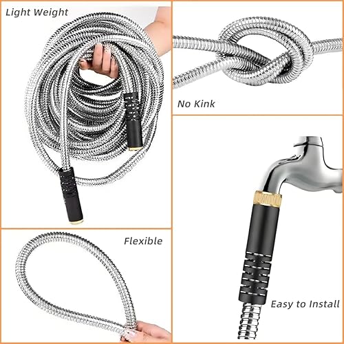 Miniatura 4 de Manguera de jardín de acero inoxidable resistente, manguera de agua de metal flexible con boquilla rociadora, diseño sin torceduras (50 pies)