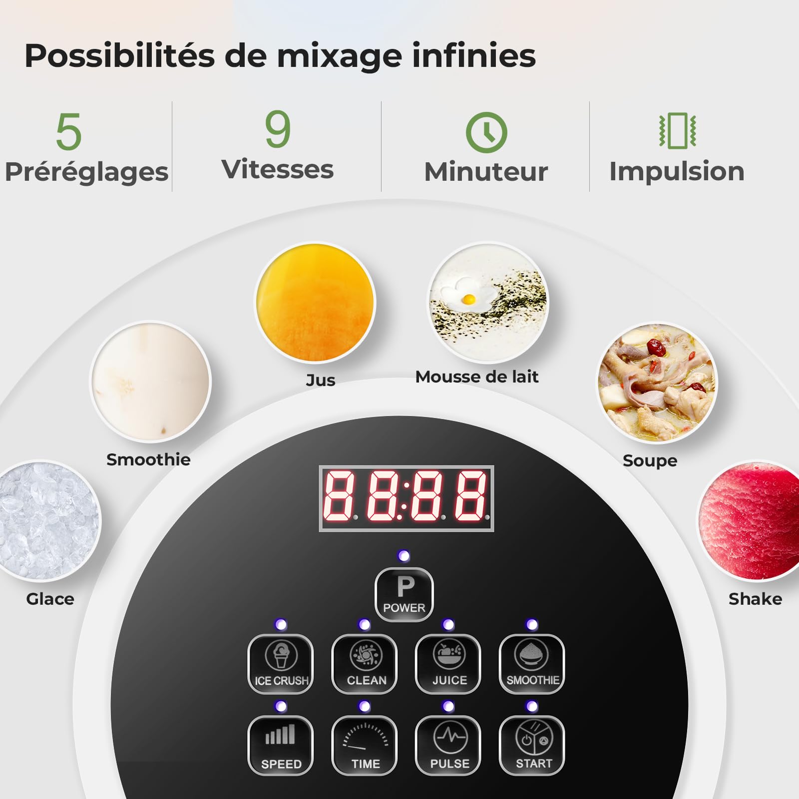 Blender Professionnel 2200 W, Mixeur Blender Silencieux avec Caisson Insonorisé, Bol 2 L, 9 Vitesses, Fonction Timer, Nettoyage Automatique, 5 Programmes pour Smoothies, Glace Pilée et Soupes