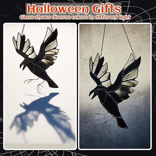 Miniatura 6 de Soaoo 3 piezas de vidrieras de Halloween para colgar en la ventana de murciélagos, decoración de Halloween, decoración de cuervo colgante de
