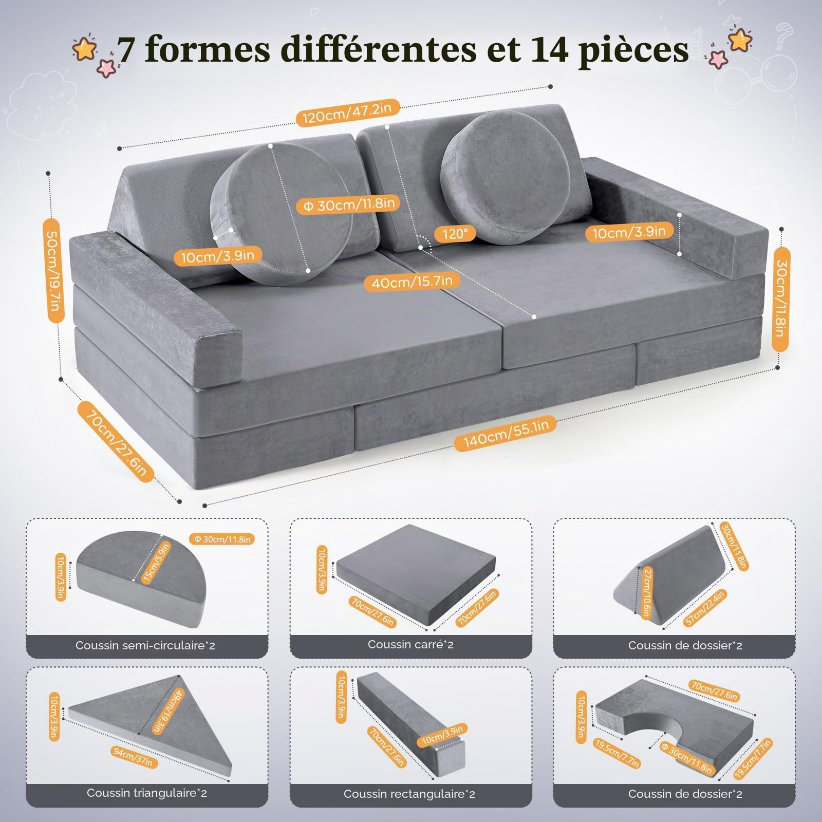 Canapé pour Enfants, canapé pour Enfants avec Blocs de Mousse, canapé modulable Pliable Multi-Styles, pour Espace de Couchage et Salle de Jeux pour Enfants (Gris-14pcs)