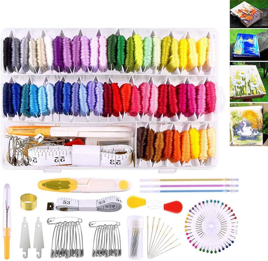 Embroidery Kits with Organizer Storage Box,57 Colors Embroidery Thread Floss Cross Stitch Sewing Needles Kit for Friendship Bracelet String Making