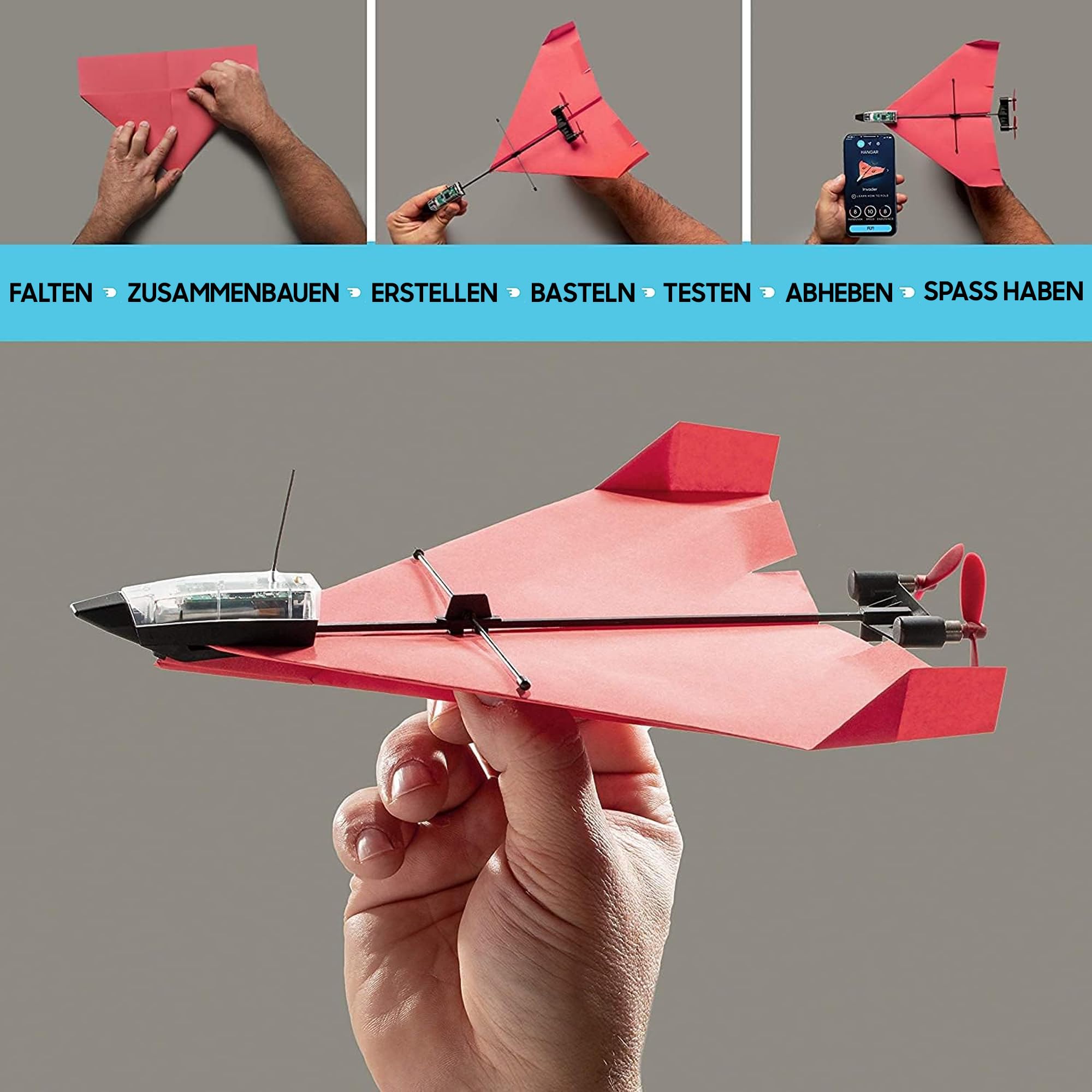 POWERUP 4.0. Smartphone gesteuertes Papierflugzeug Set der nächsten Generation. Einfache Handhabung durch Autopilot Funktion und integriertes Gyroskop. Für alle Hobbyflieger und begeisterten Piloten.