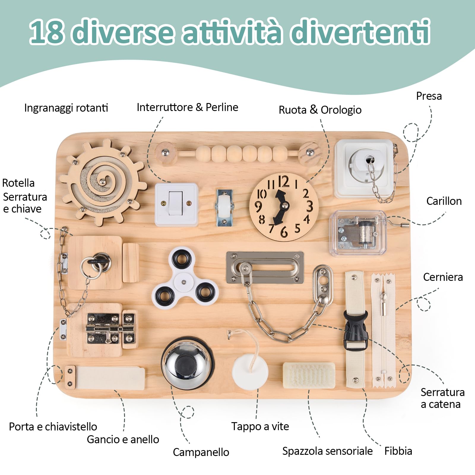 potatomato Montessori Busy Board – Giocattolo sensoriale in Legno per Bambini | Tavola educativa per Lo Sviluppo delle abilità motorie, Ideale per Viaggi, Aerei e Come Supporto sensoriale