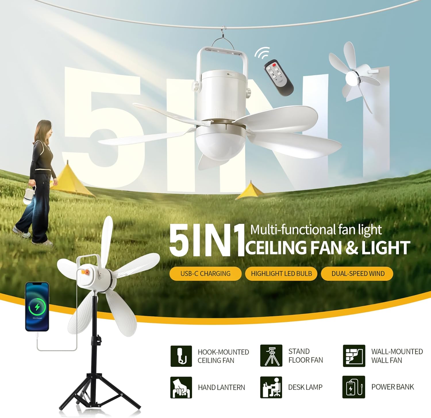 HZZ 16.5'' Ceiling Fan with Light, 10800mAh Rechargeable Battery, USB-C Fast Charge, DC Brushless Quiet Fan, RF Remote, 3 Installation Modes, for Gazebo, Patio, Camping Tent, Garage, RV, Emergency Use