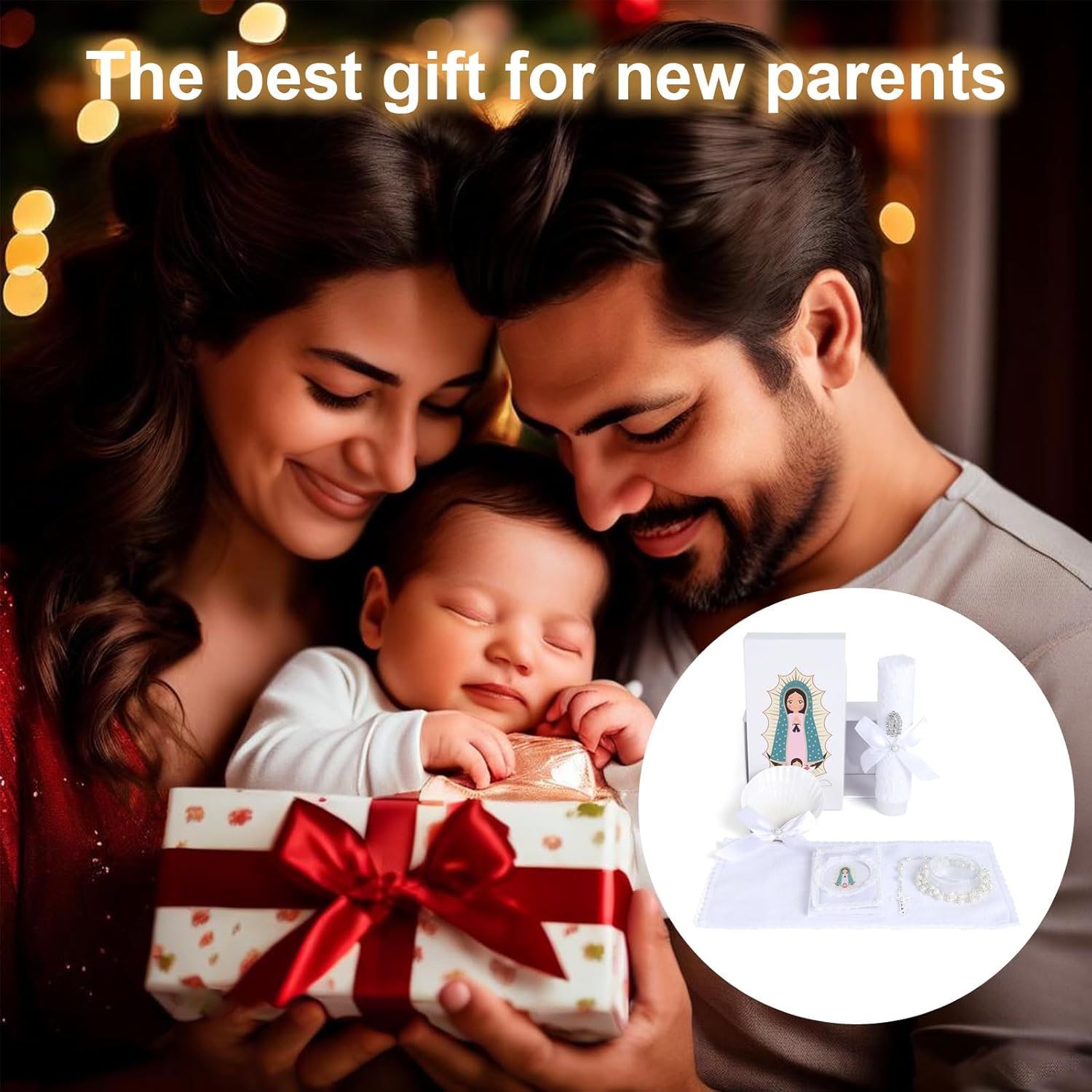 Baptism Candle Set for Boys and Girls,5 PCS Baptism Kit Virgen De Guadalupe Catholic Candle,Towel,Shell,Rosary,Bible for Baptismal Christening First Communion Gifts,Velas para Bautizo De Niño Niña