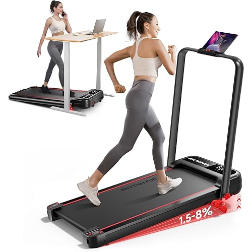 RHYTHM FUN Treadmill with Incline, Walking Pad with Handle Bar,300lbs Walking Pad with APP, Portable Folding Walking Treadmills for Home/Office with Low Noise