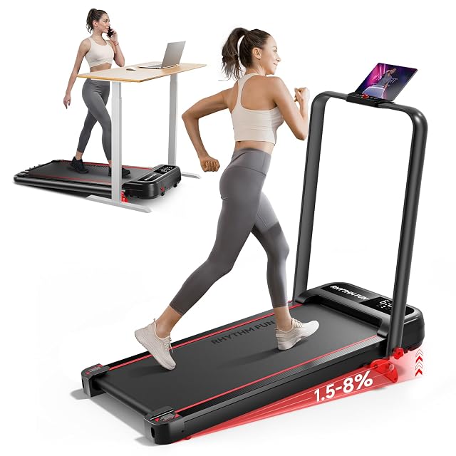 RHYTHM FUN Treadmill with Incline Walking Pad with Handle Bar 300lbs Walking Pad with APP Portable Folding Walking