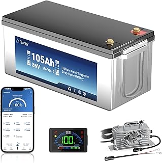 36V Lithium Golf Cart Battery with 25A Lifepo4 Charger, 36 Volt 105Ah LiFePO4 Lithium Battery, Built in 200A BMS, Peak Current 1000A(3-5s), 6000+ Deep Cycles for Trolling Motor, Marine, Boat