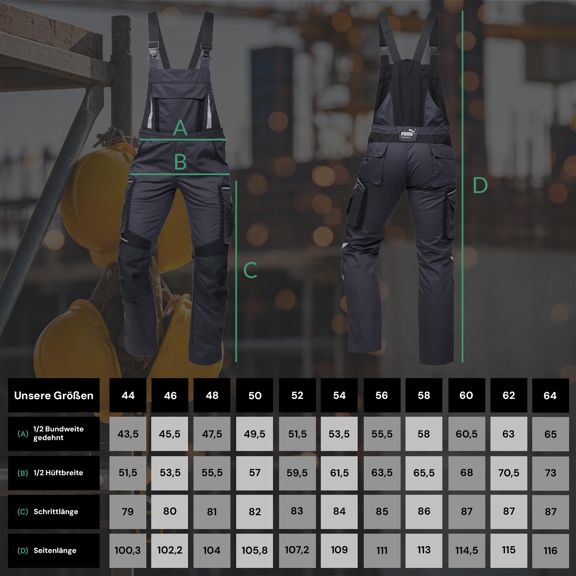 PUMA Workwear Latzhose Herren mit Multifunktionstaschen - Arbeitshose mit verstärktem Nylon Gewebe - Berufsbekleidung für Mechaniker, Handwerker, Elektriker und viele mehr