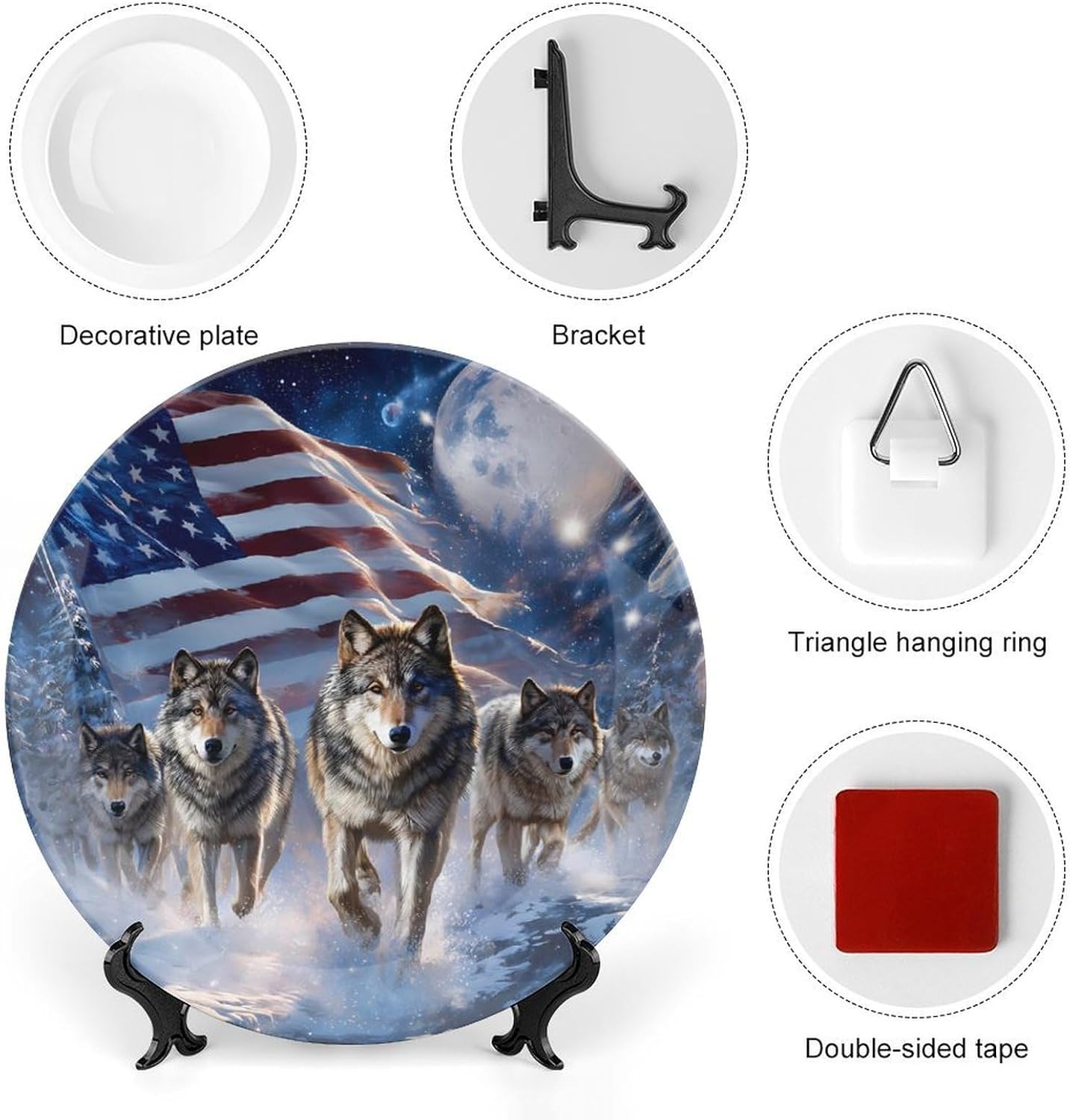 Wolf U.S. Flag Moon Novelty Decorative Plate with Display Stand Ceramic Ornament Hanging Wall Decor
