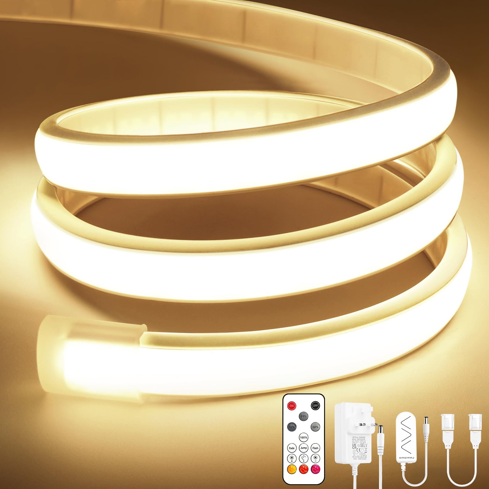 Lamomo COB LED Strip Light, 10M Natural White Dimmable Led Lights Strip with Remote, Flexible Waterproof Silicone 4000K 24V Neon Rope Light for Bedroom, Kitchen, Outdoor,CRI90+, UKCA Power Supply — image 1