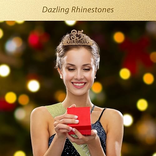 Miniatura 6 de Banda y tiara de cumpleaños número 35 para mujer, fabulosa banda con purpurina + fabulosa tiara de metal dorado de diamantes de imitación para ella,