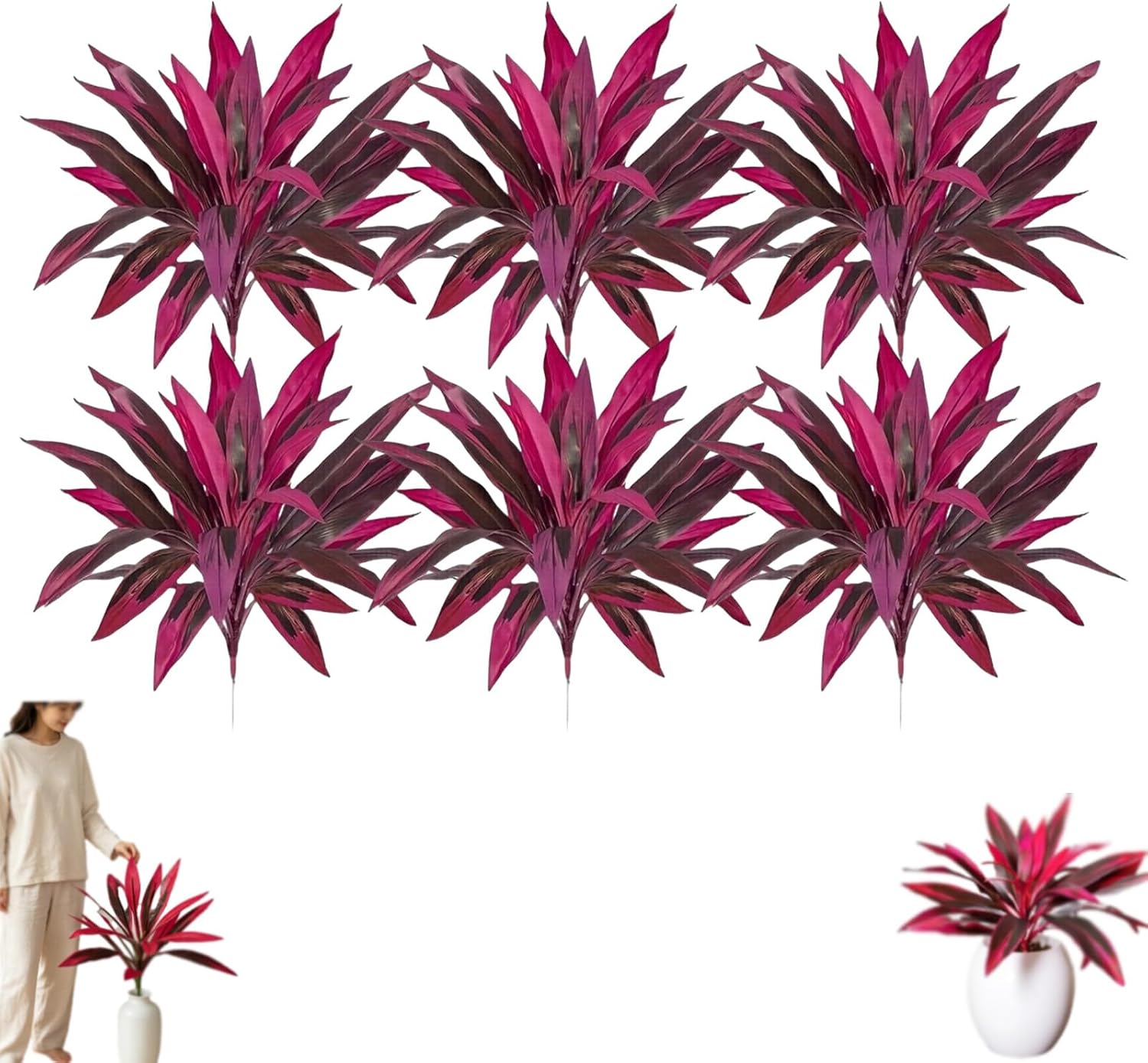 2PCS Large Realistic Artificial Boston Fern & Dragon's Blood Tree Plants with Vibrant Pink/Purple Leaves, Artificial Ti Plant, Artificial Red Cordyline Ti Plant for Garden, Patio (6PCS)