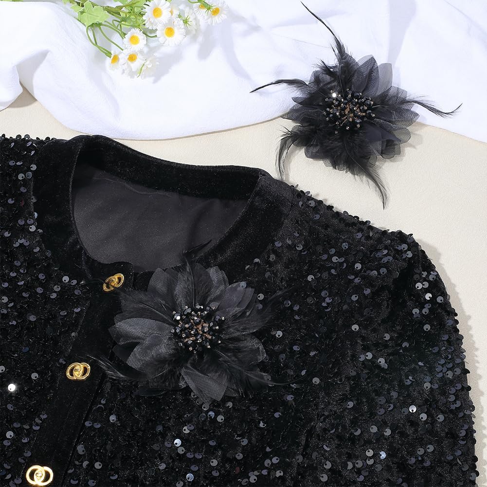 PH PandaHall 2pcs Black Organza Flower Feather Flower Appliques Sew On Floral Crystal Floral Ornament Accessories for Dresses Wrist Corsage Hair Crafts Clothes Jewelry, 6.6x7.7x1.2 Inch