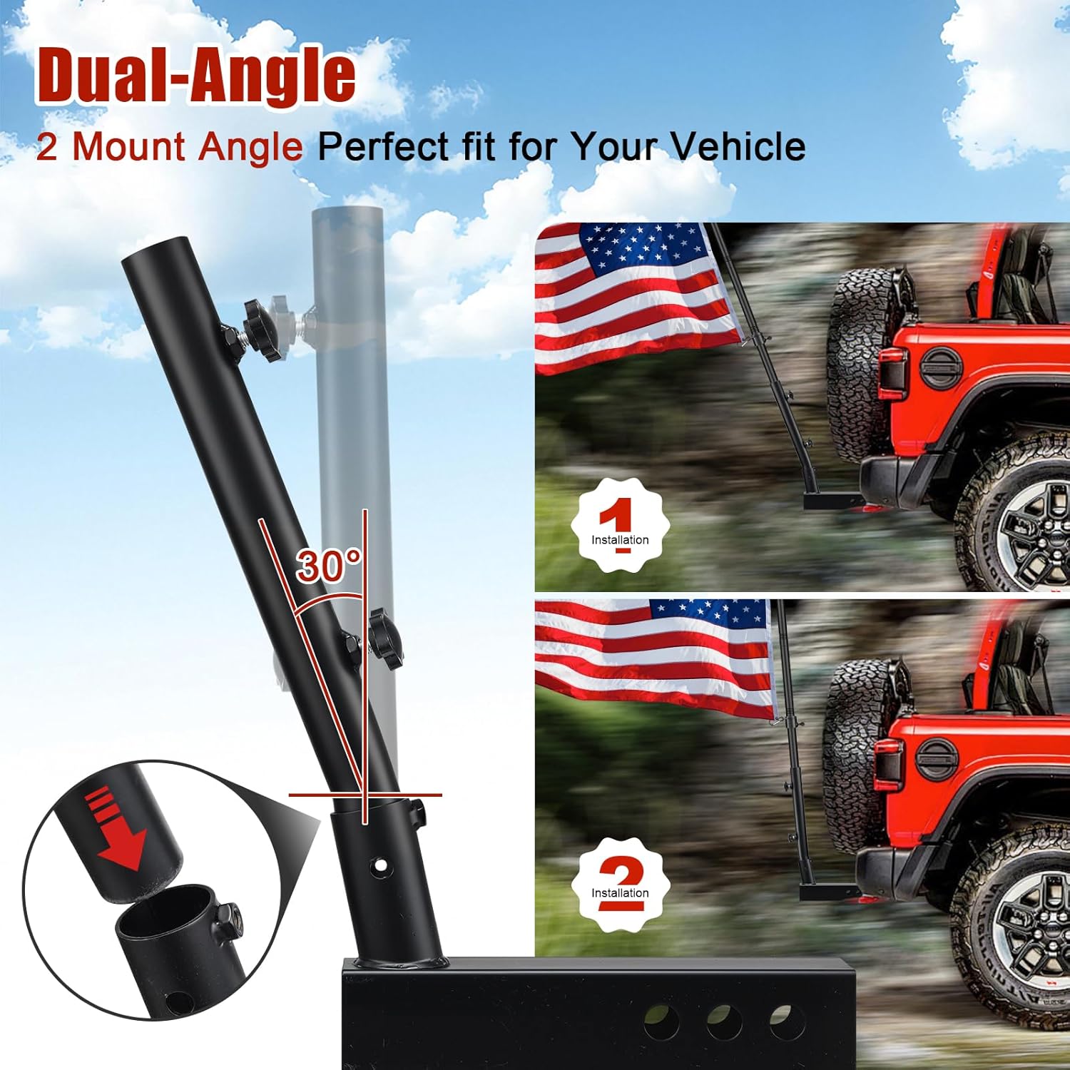 Truck Flag Pole Kit with American Flag & Trailer Hitch Holder -5ft Stainless Steel Heavy Duty Flagpole, 3x5 Embroidered USA Flag, Dual-Angle Hitch Holder, Windproof for Trucks, SUVs, Jeeps, Black - Image 5