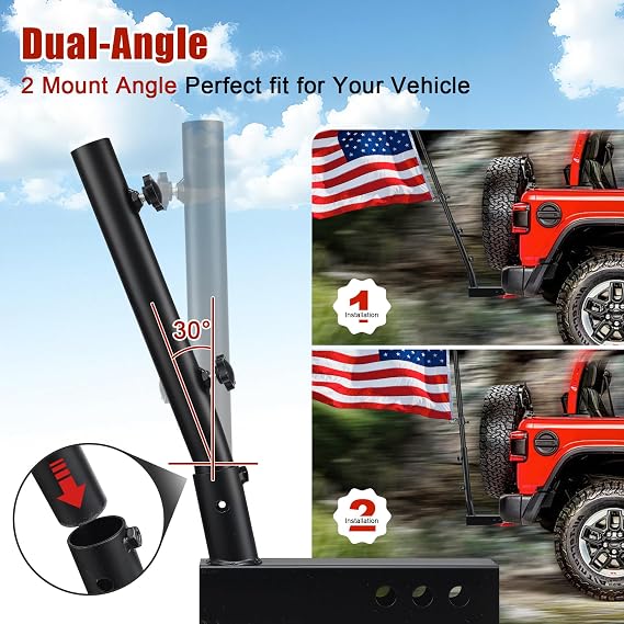 Truck Flag Pole with Hitch Holder 6FT Heavy Duty Flagpole Kit for 2 Tow Hitch, Dual Angle Mount, Windproof Sleeve for Trucks, Jeep,Trailer for Tailgating,Parades,Off-Road Flag Display