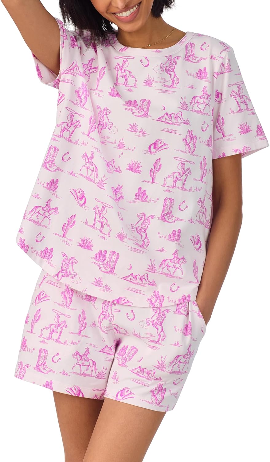 Bed Head PJs Womens Pajamas - Pink Western Cowgirl Short Sleeve Crewneck & Shorts - Organic Cotton Sleepwear PJ Set for Women - Image 2