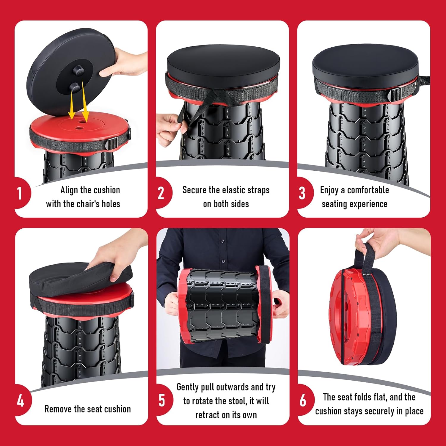 2026 Upgraded Collapsible Stool with Cushion, Portable Folding Stool for Adults Heavy Duty, Camping Stools for Outdoor Camping Travel Hiking Fishing, Adujstable Folding Chair Footrest,Red