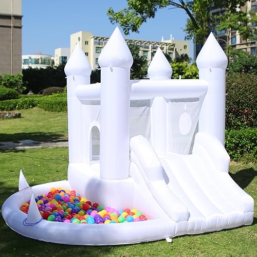 Casa de rebote blanca con soplador, piscina de bolas, castillo inflable familiar para patio, eventos, fiestas, bodas, regalos para niños (10 pies de