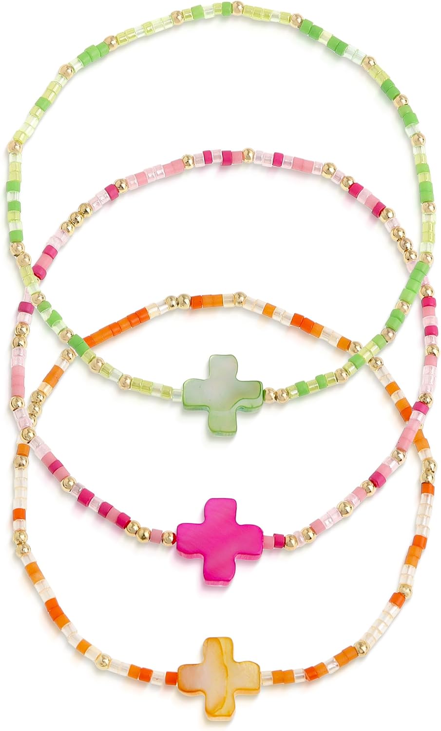 Seed Beads Cross Friendship Bracelets Stack Set for Women, 3Pcs Cute Boho Handmade Pink Green Orange Colorful Stackable Bracelets Summer Beach Jewelry Gift.