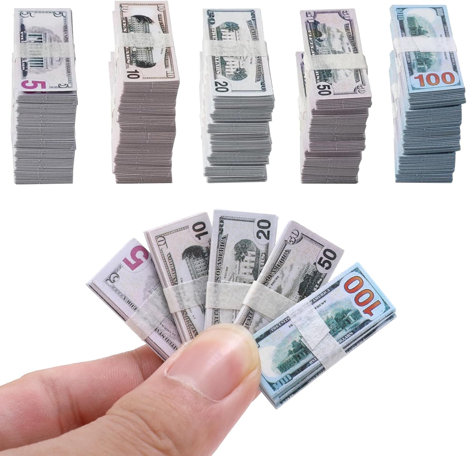 1:12 Miniature Scene Dollars 1000 Pcs Mini Dollar Mixed Denominations Fake Money Bills 5 &10 & 20 & 50 & 100 Dollar Bills Prop Money for Craft Decoration Dollhouse Scene Model Accessories